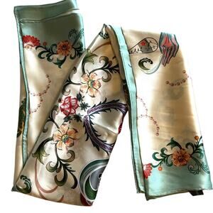 Baoshidi 100% Silk Scarf Womens Asian Print Blue Cream Soft Luxurious Long